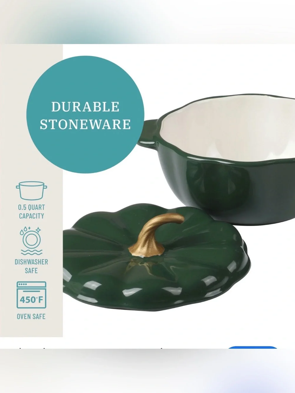 The Pioneer Women Dark Green Pumpkin Ceramic Casserole cocotte Gold Stem Lid new